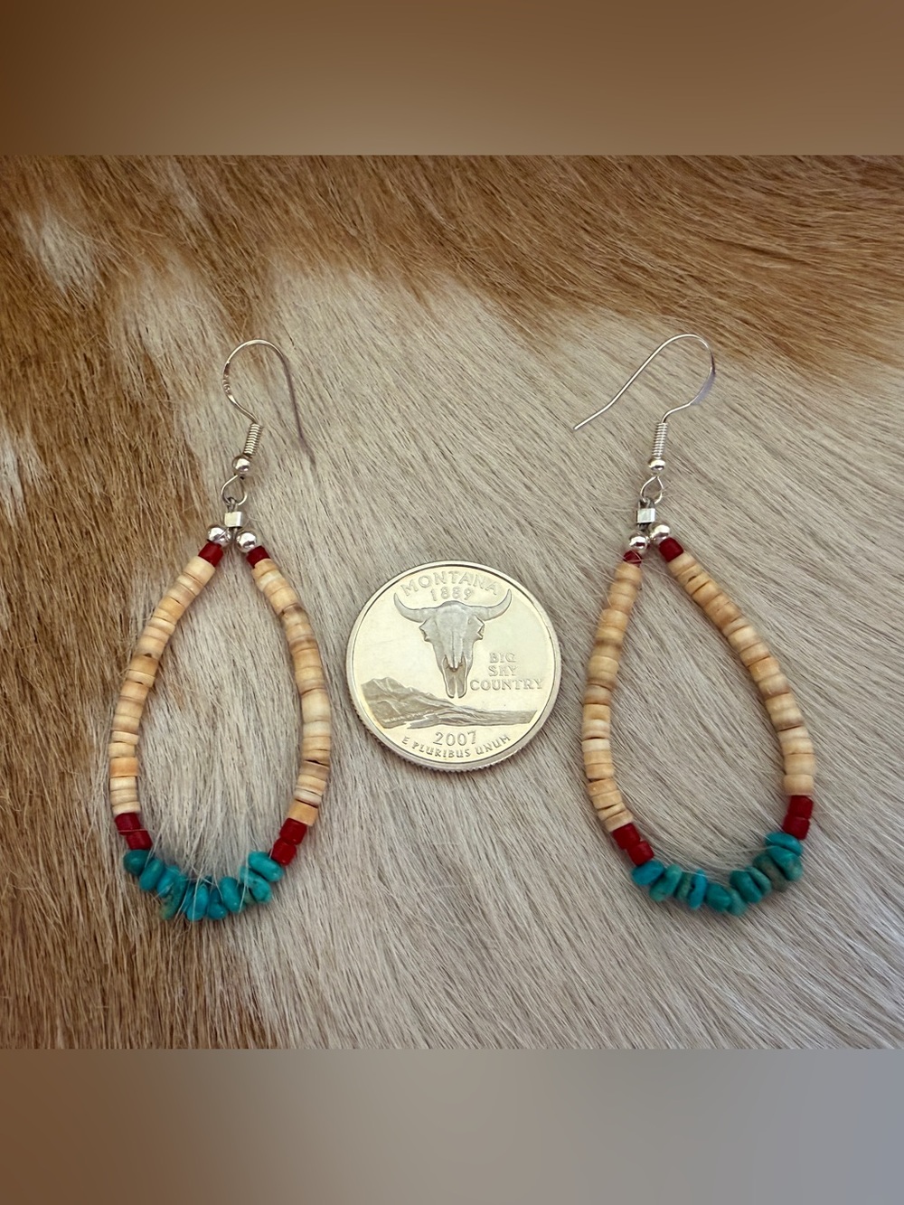 ❤️ Native American “S Duncan” Turquoise Nugget Coral Melon Shell 925 Earrings - Picture 5 of 10